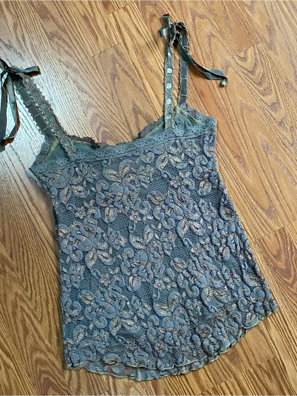 Deadstock 90s/Y2k Ann Ferriday Lace Ribbon Detail Cami Tank Top - Olive Green - Picture 4 of 10